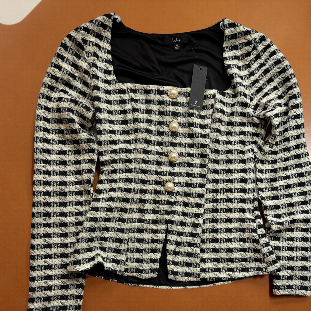 Lulus Black & White Houndstooth Blazer with Pearl Buttons NWT